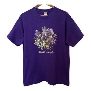 Gildan Floral Royal Purple Graphic T-Shirt Pansies Flowers Unisex Size Large